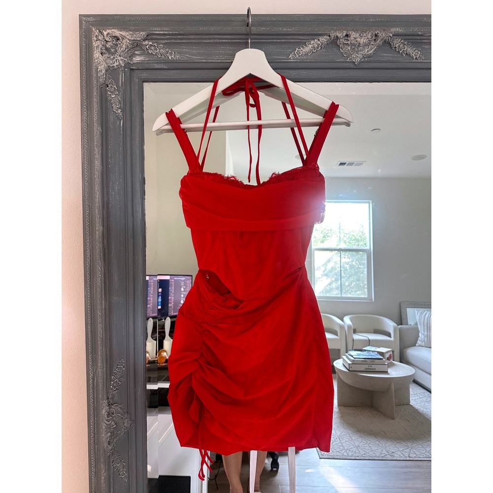 NWT Mistress Rocks Red Mesh Ruched Corset Mini Dress Halter Neck Lace Trim XS - Picture 7 of 15